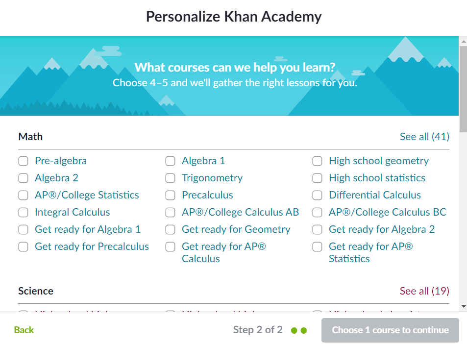 Khan Academy Topics Choosing